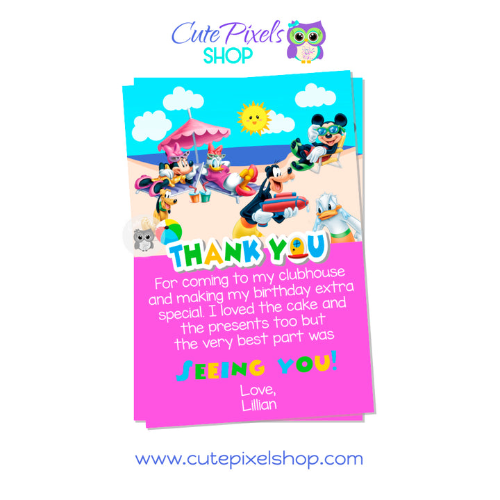 Mickey Thank You Card for a Summer party. All Mickey Mouse clubhouse friends are enjoying summer in a the beach. Mickey Mouse, Minnie Mouse, Donald, Daisy, goofy and Pluto in the beach wearing swimwear. Pink design
