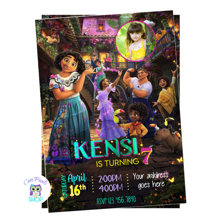 Encanto Invitation with Mirabel and the whole Madrigal family in front of the casita. perfect for an Encanto Birthday party. Includes child's Photo