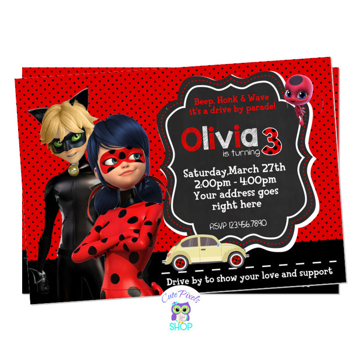 Miraculous Ladybug Birthday invitation for a Drive By Birthday Parade. Polka dot background in red and black with Miraculous Ladybug and Cat Noir.