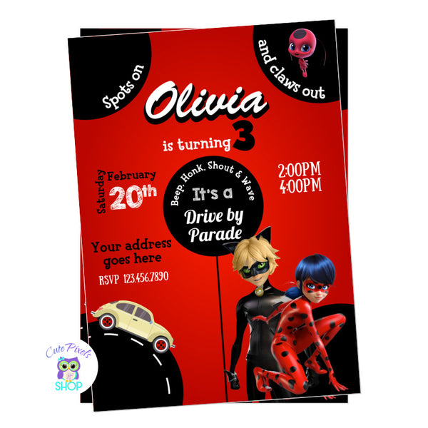 Miraculous Ladybug Birthday invitation for a Drive By Birthday Parade. Ladybug background with Miraculous Ladybug and Cat Noir.