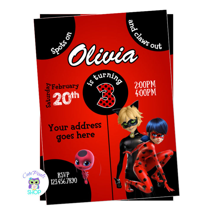 Miraculous Ladybug Birthday invitation for a Superhero Birthday. Ladybug background with Miraculous Ladybug and Cat Noir.