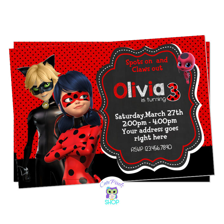 Miraculous Ladybug Birthday invitation for a Super Hero Birthday. Polka dot background in red and black with Miraculous Ladybug and Cat Noir.