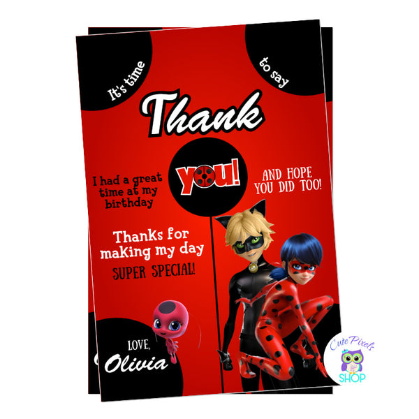 Miraculous Ladybug Thank You Card. Red background with spots as a Ladybug with Ladybug and Cat Noir