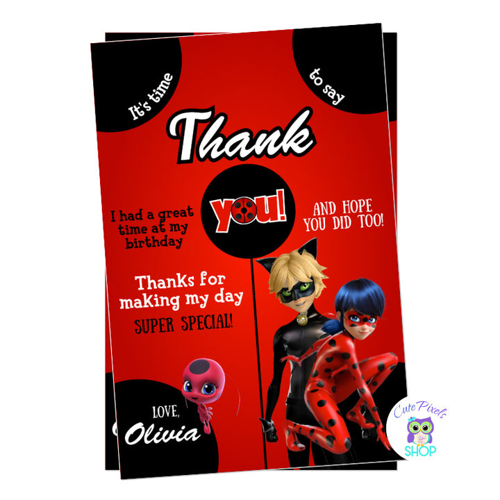 Miraculous Ladybug Thank You Card. Red background with spots as a Ladybug with Ladybug and Cat Noir