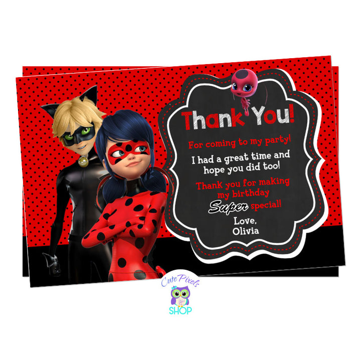 Miraculous Ladybug Thank You Card. Ladybug dots background with Miraculous Ladybug and Cat Noir to close your superhero birthday