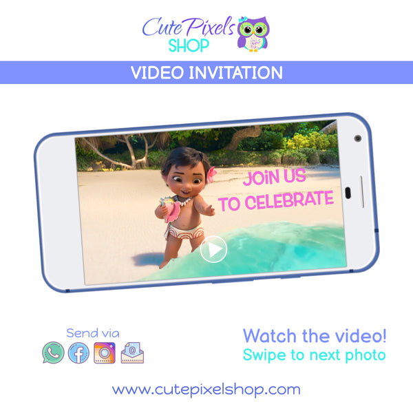 Moana Video invitation. Animated Baby Moana invitation. Join baby Moana discovering the ocean and inviting your friends in the cutest way to your Moana Birthday party.