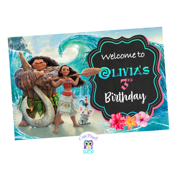 Moana Backdrop, Moana Birthday sign with Moana, Maui, Pua and Hei Hei in the middle of the ocean.