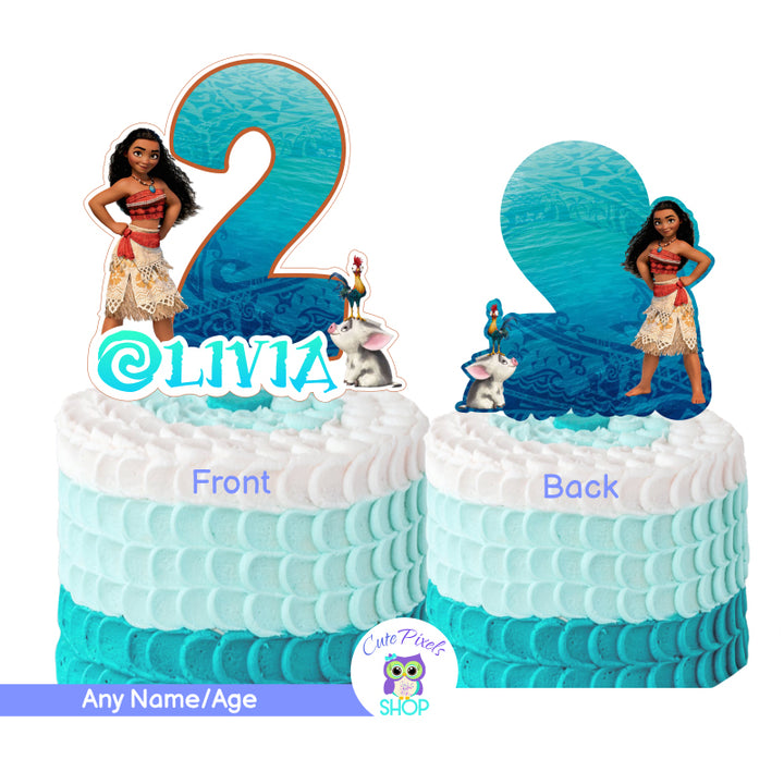 Moana cake topper with Moana and your child's age. Front and back for a double sided cake topper. You can also use as Centerpiece for a Moana Birthday Party