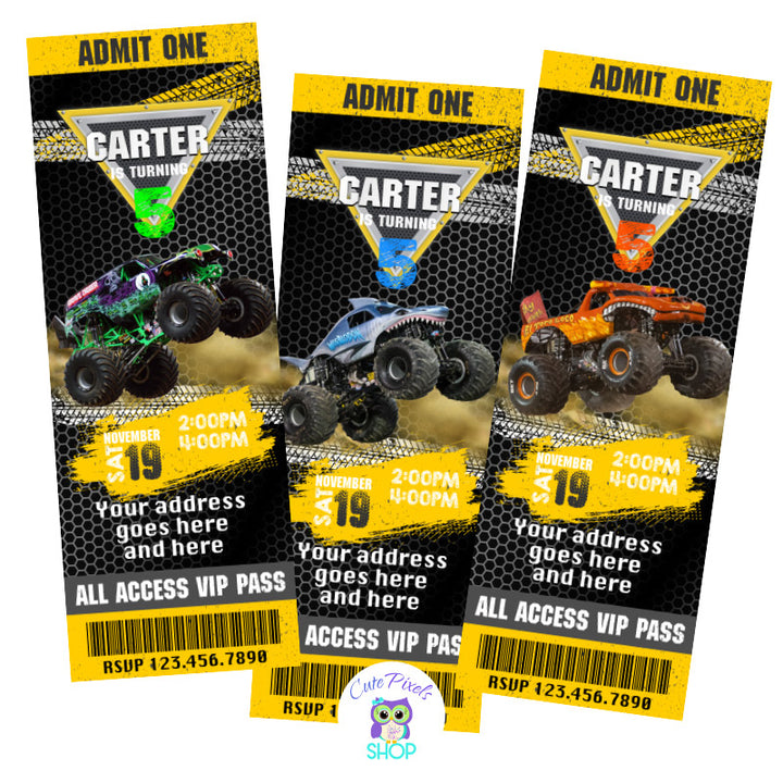Monster Jam ticket invitation. Full-throttle fun for your birthday party full of monster trucks. Toro loco, Grave Digger and Megalodon