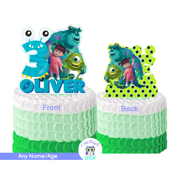 Monsters Inc cake topper cutout with Sully, Mike and Book. Includes your child's age in a monster number and child's name.