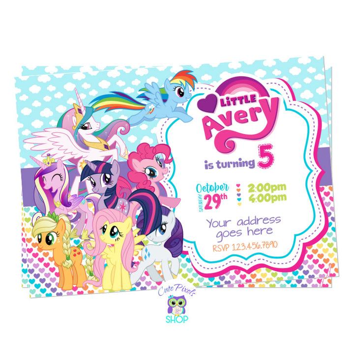 My Little Pony invitation has a cute clouds and rainbow hearts background with all Little Pony friends.