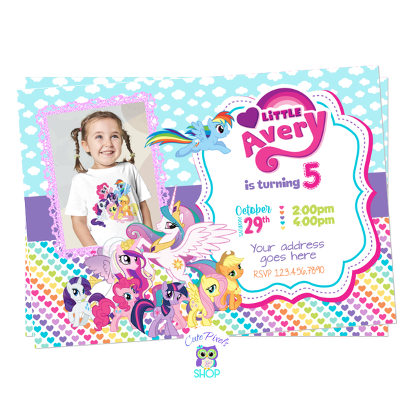 My Little Pony invitation has a cute clouds and rainbow hearts background with all Little Pony friends. Includes your child's photo.