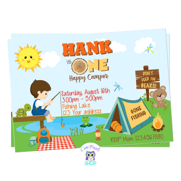 One happy camper invitation for boy. Boy fishing and camping in a cute camping scenario with tent, bear, picnic blanket, lamp and more cute details.