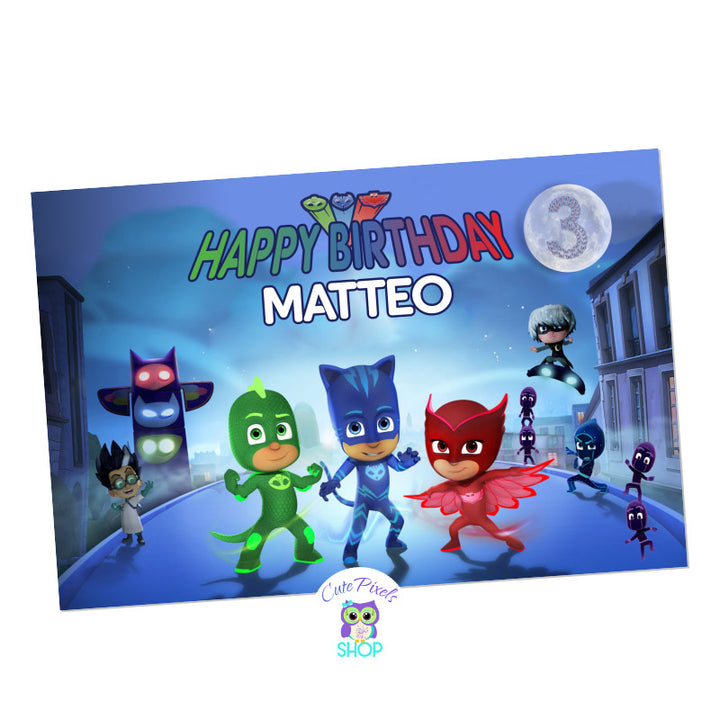 PJ Masks Backdrop, PJ Masks Birthday Banner with Gekko, Catboy, Owelette, Night Ninja, Romeo, Luna girl, Moths and ninjalinos