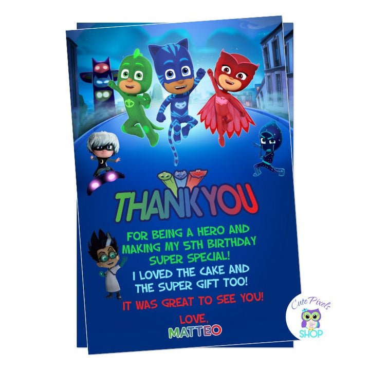 PJ Masks thank you card with al PJ Masks characters, Dusk background with Gekko, Catboy, Owlette, Luna girl, Romeo and night ninja.