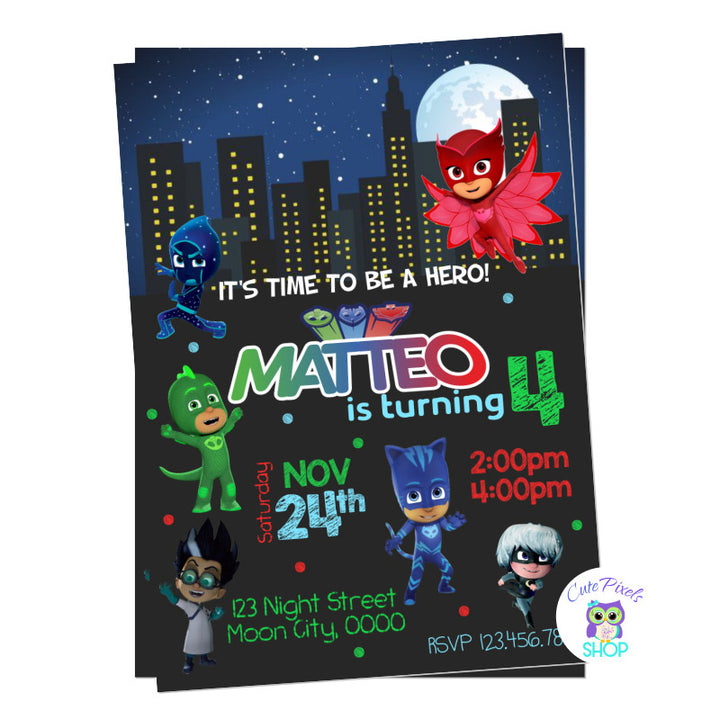 PJ Masks Invitation for a Super hero birthday with a skyline at night and PJ masks characters Catboy, Gekko, Owlette, Romeo, Night Ninja and Luna girl
