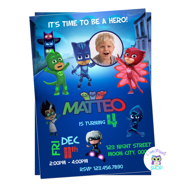 Pj Masks Birthday invitation with photo, it has all PJ Masks characters to have the perfect super hero birthday