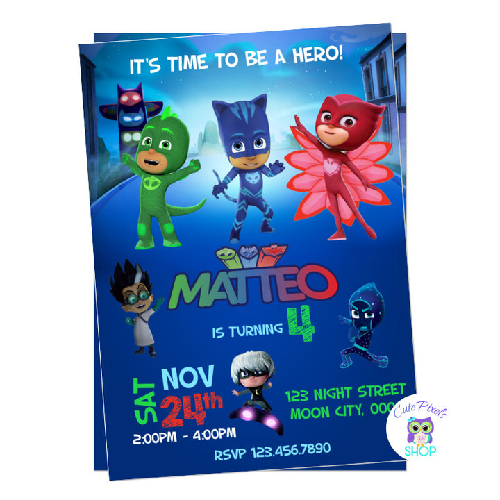 PJ Masks Birthday Invitation with Gekko, Catboy, Owlette, Luna Girl, Romeo and Night Ninja
