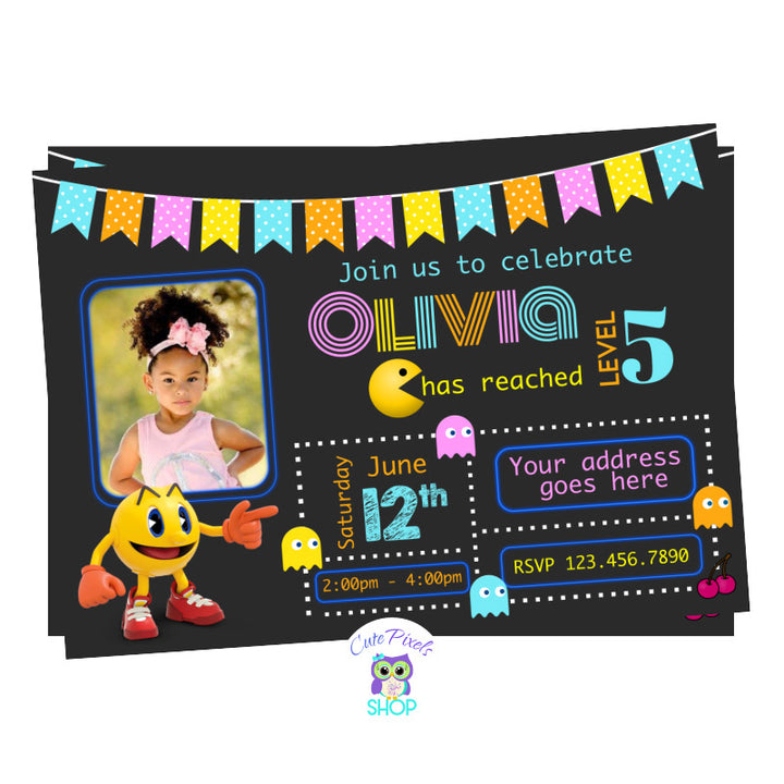Pac-Man Invitation, pac man invitation with Pac man charqacter, maze and ghosts from game. Girl design includes child's photo