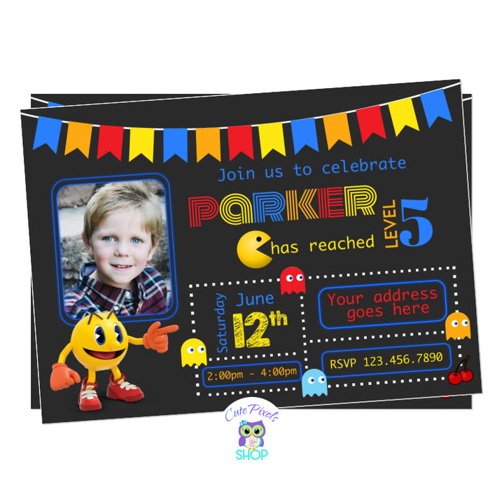 Pac-Man Invitation, pac man invitation with Pac man character, maze and ghosts from game. Boy design includes child's photo