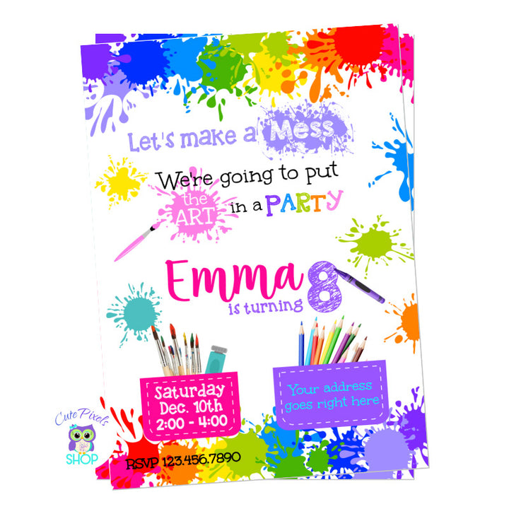 Paint Party Invitation full of paint splashes and paint splatter perfect for an art party