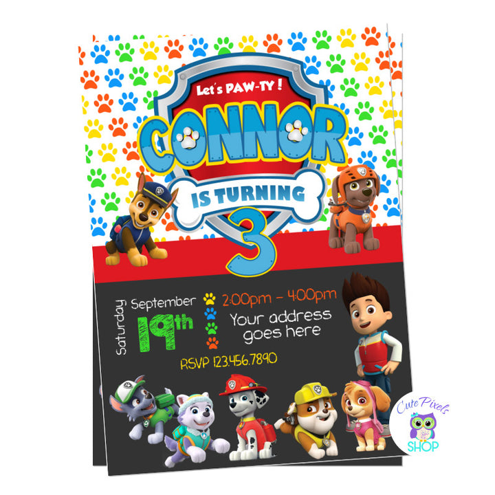 Paw Patrol Birthday Invitation with Ryder, Chase, Marshall, Rocky, Sky and all Paw Patrol dogs in a Dog Paws background with the Paw Patrol logo having age and name of child