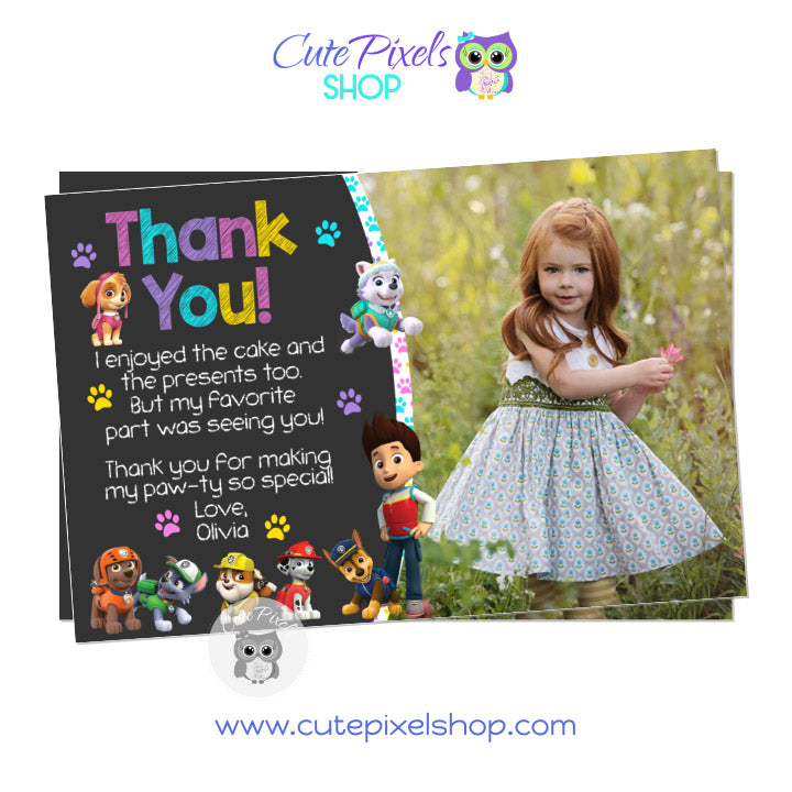 Paw Patrol thank you card with child's photo. All Paw Patrol characters included on card. Design for girl with pink, purple, turquoise and yellow.