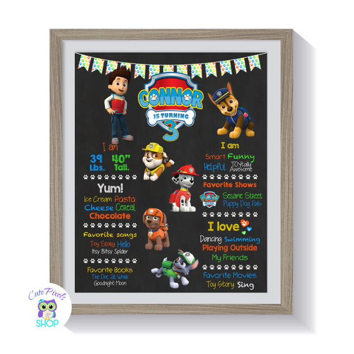 Paw Patrol Birthday sign, Paw Patrol chalkboard sign with milestones for child and many Paw Patrol Characters, Boy design framed