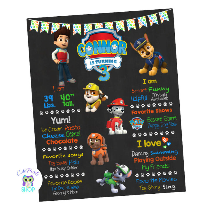 Paw Patrol Birthday sign, Paw Patrol chalkboard sign with milestones for child and many Paw Patrol Characters, Boy design