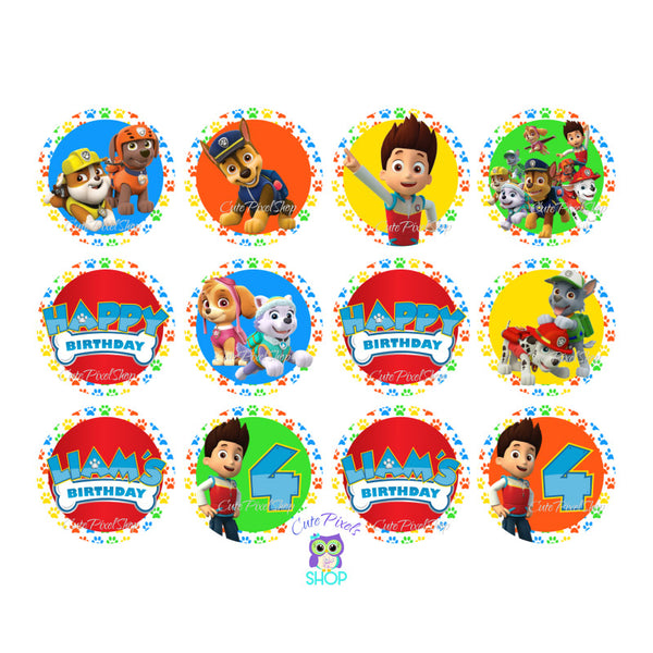 Paw Patrol Cupcake Toppers, round tags with 12 designs of Paw Patrol to use as cupcake toppers, favor tags and party decorations.