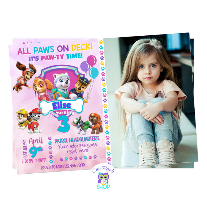 Paw patrol invitation for girl in pink, purple, teal and girly colors. With Sky, Marshall, Liberty, Everest and all Paw patrol characters. Includes child's photo