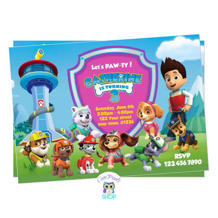 Paw Patrol Birthday Invitation, All Paw patrol characters ready for a paw-ty. Pink design including all Paw Patrol girls