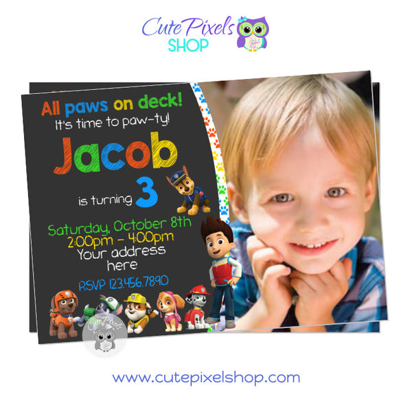Paw Patrol Birthday Invitation with child's photo. All Paw Patrol characters included on invitation