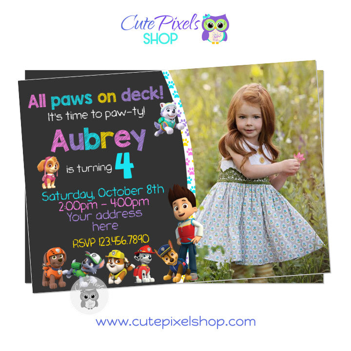 Paw Patrol Birthday Invitation with child's photo. All Paw Patrol characters included on invitation. Design for girl with pink, purple, turquoise and yellow.