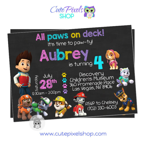 Paw Patrol invitation for a Birthday full of paws and puppies. All Paw patrol dogs are ready to Paw-ty. Design for girl with pink, purple, turquoise and yellow.