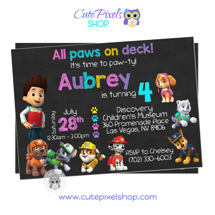 Paw Patrol invitation for a Birthday full of paws and puppies. All Paw patrol dogs are ready to Paw-ty. Design for girl with pink, purple, turquoise and yellow.