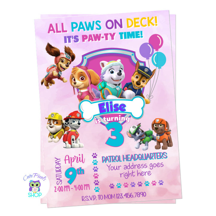 Paw patrol invitation for girl in pink, purple, teal and girly colors. With Sky, Marshall, Liberty, Everest and all Paw patrol characters