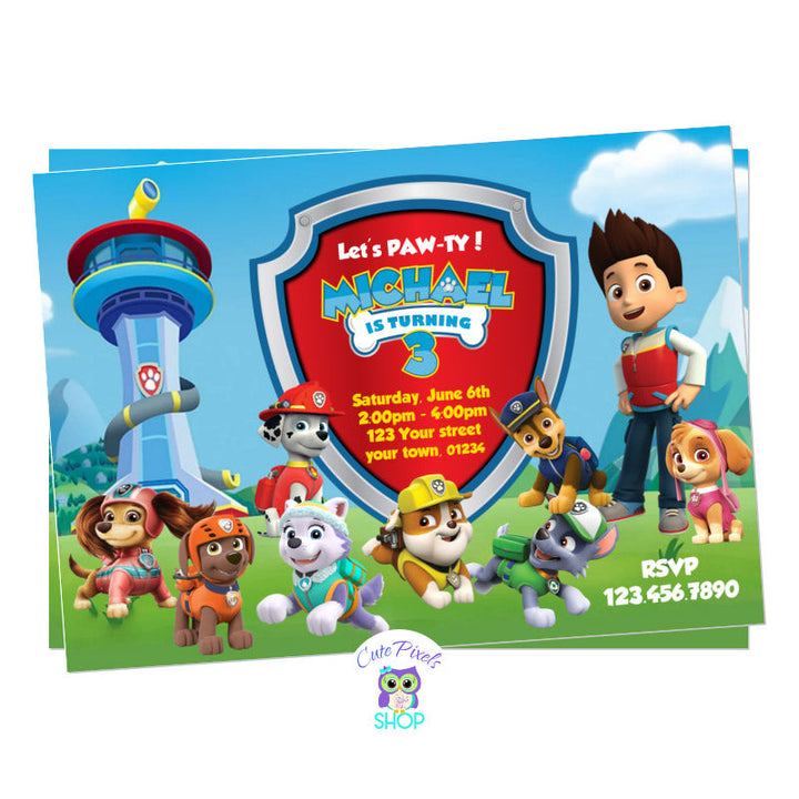 Paw Patrol Birthday Invitation, All Paw patrol characters ready for a paw-ty. Red design
