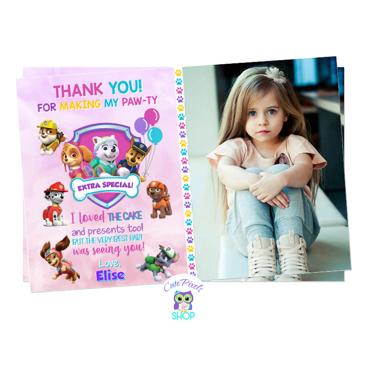 Paw patrol thank you card for girl in pink, purple, teal and girly colors. With Sky, Marshall, Liberty, Everest and all Paw patrol characters. Includes child's photo