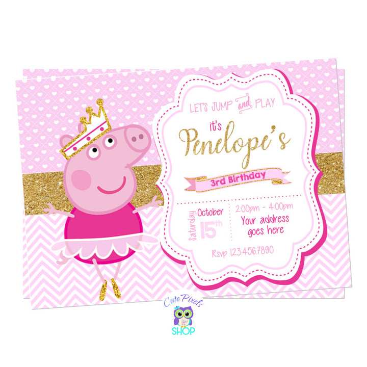 Peppa Pig Ballerina invitation for a Ballerina Birthday Party. Peppa Pig dressed as ballerina with crown and a pink background