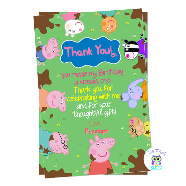 Peppa Pig thank you card for a Muddy Puddle birthday with Peppa Pig, Pig Family and friends around in a Muddy Puddle green background