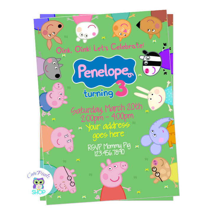 Peppa Pig invitation, Peppa pig birthday invite with all Peppa pig characters around