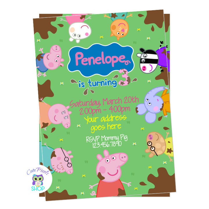 Peppa Pig Invitation, Muddy Puddles Birthday Invitation. Peppa Pig, pig family and frioends around invitation