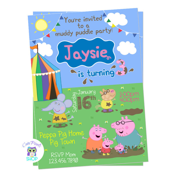 Peppa Pig Birthday invitation for Muddy puddle party with all Peppa Pig family and friends in a muddy puddle cute background