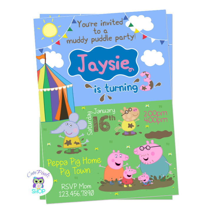 Peppa Pig Birthday invitation for Muddy puddle party with all Peppa Pig family and friends in a muddy puddle cute background