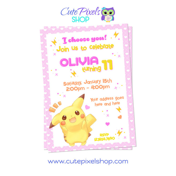 Pikachu Birthday Invitation for girl in pink and yellow. Pokemon Invitation for girl with Pikachu