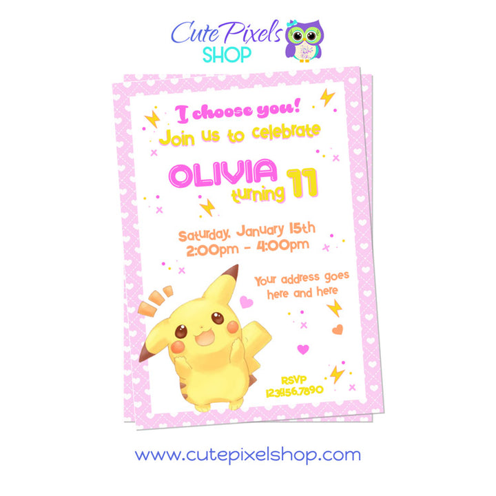 Pikachu Birthday Invitation for girl in pink and yellow. Pokemon Invitation for girl with Pikachu