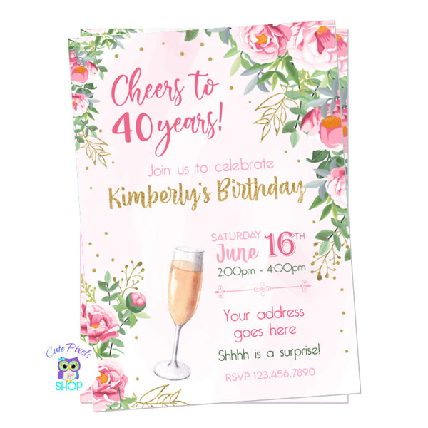 Cheers to years invitation for adult. Pink roses invitation for an adult birthday with wine and lots of pink flowers and gold.