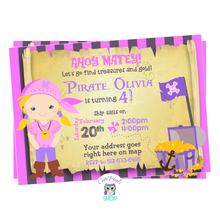 Pirate invitation for a Pirate girl birthday. Cute little pirate girl with treasures, pirate flag on a map