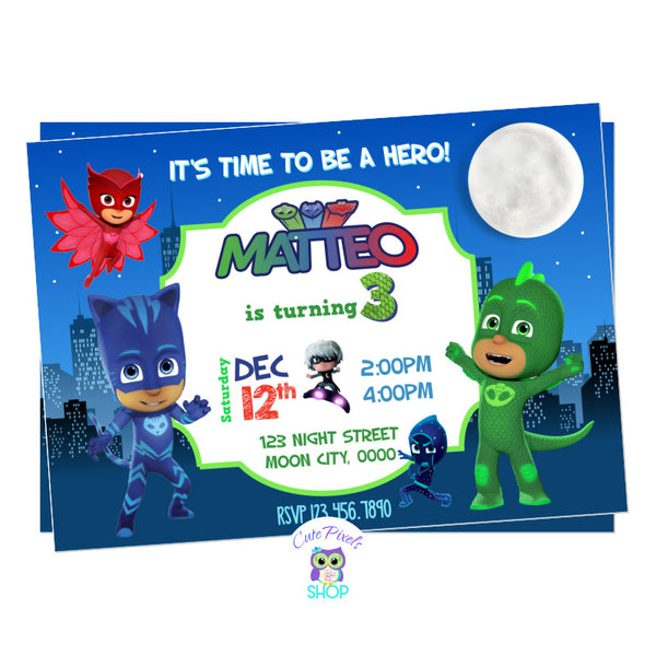 PJ Masks Birthday invitation with all PJ Masks characters to have the perfect super hero birthday. Background of a city at night when PJ Masks are ready to party!